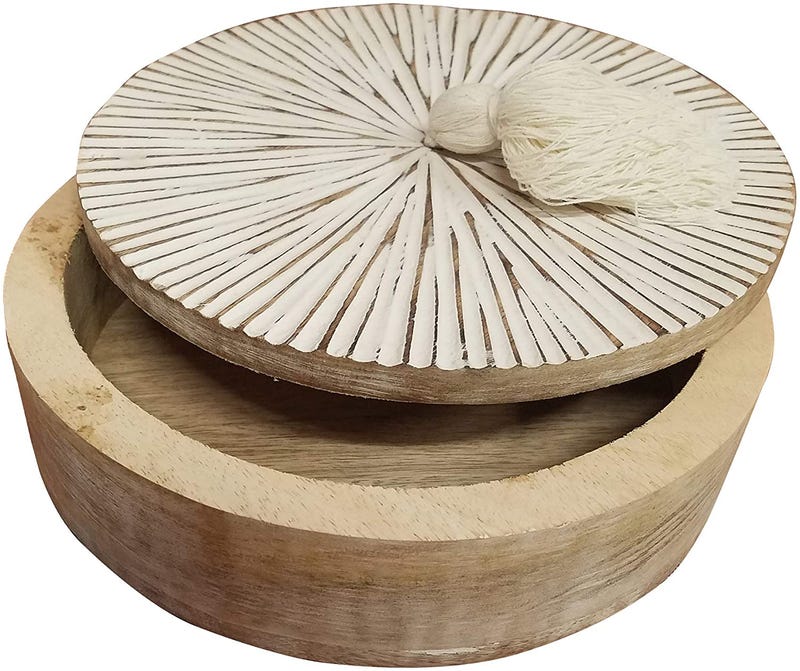 Starburst carved round wood keepsake box