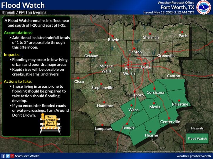 Flood Watch until 7 p.m. Monday for parts of North Texas.