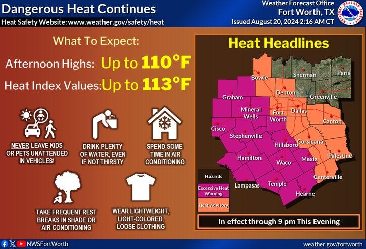 Heat Advisories and Excessive Heat Warnings for North Texas on Tuesday, Aug. 20, 2024.