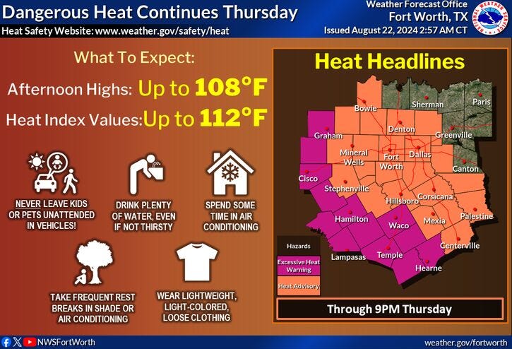 Heat Advisories and Excessive Heat Warnings for North Texas on Thursday, Aug. 22, 2024.