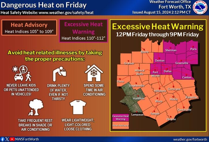 Excessive Heat Warning in effect for North Texas on Friday, Aug. 16, 2024.