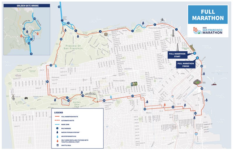Masks will be required on the blue-highlighted portions of the San Francisco Marathon on Sunday.