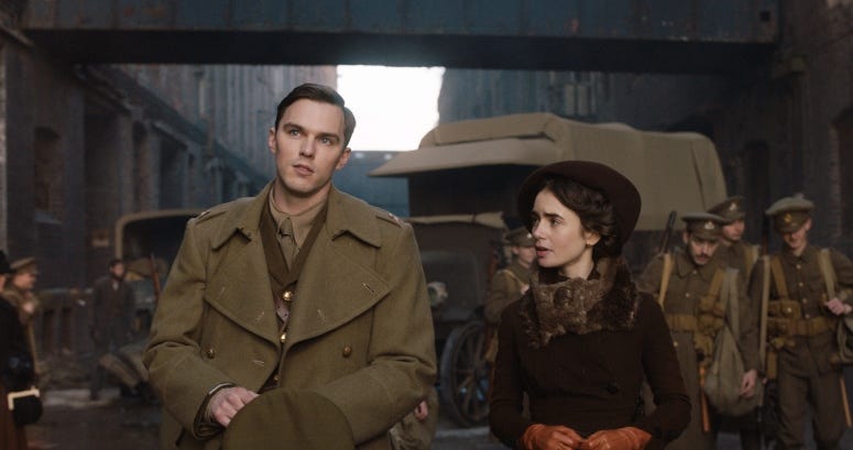 Nicholas Hoult and Lily Collins in a scene from "Tolkien"
