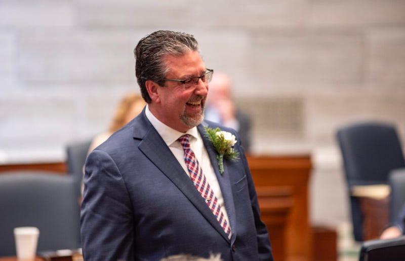 State Sen. Joe Nicola laughs during his introduction to the Missouri Senate on the first day of the 2025 legislative session