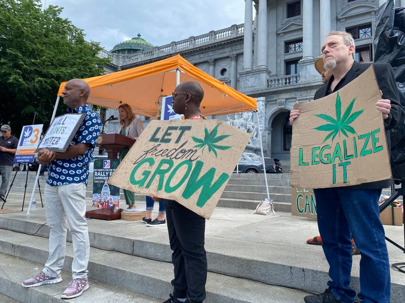 Supporters of legalizing cannabis for adult use rally outside the state Capitol in Harrisburg on June 27, 2023.