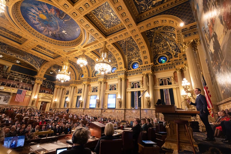 Gov. Josh Shapiro presented his first budget proposal to the legislature inside the Capitol building in Harrisburg, PA in March.