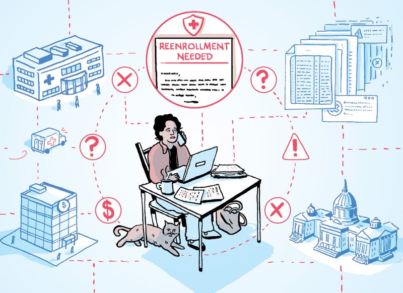An illustration showing confusion around the Medicaid reenrollment process.