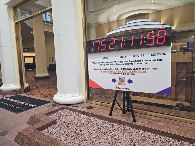 An installation at the Pennsylvania Capitol shows how many days and hours have passed since the state House passed gun control bills.