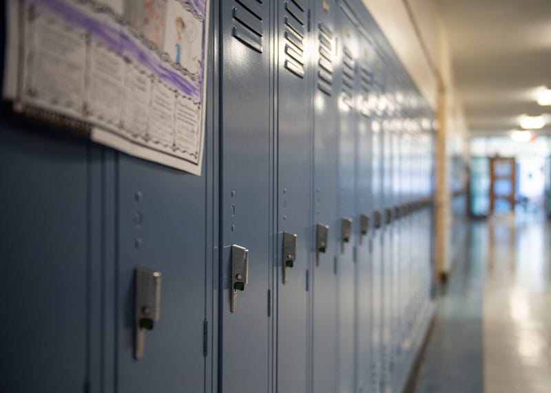 A row of lockers at Bennetts Valley Elementary School in Weedville, Pennsylvania on April 5, 2023.