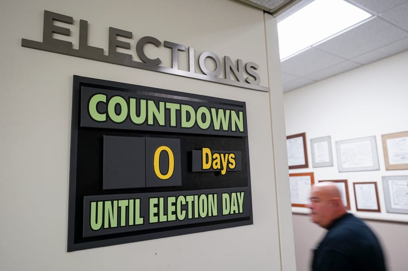 A sign displayed in the hallway at Northampton County Courthouse in Easton, Pennsylvania, on primary Election Day 2024.