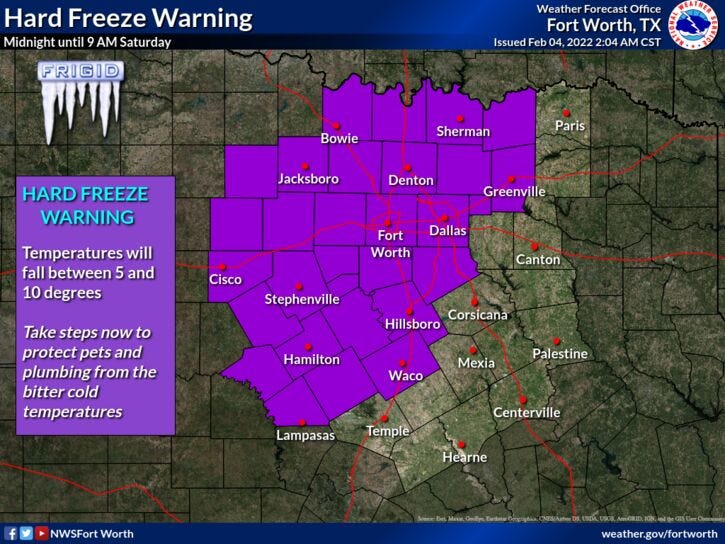 A Hard Freeze Warning is in effect for much of North Texas through 9 a.m. Saturday.