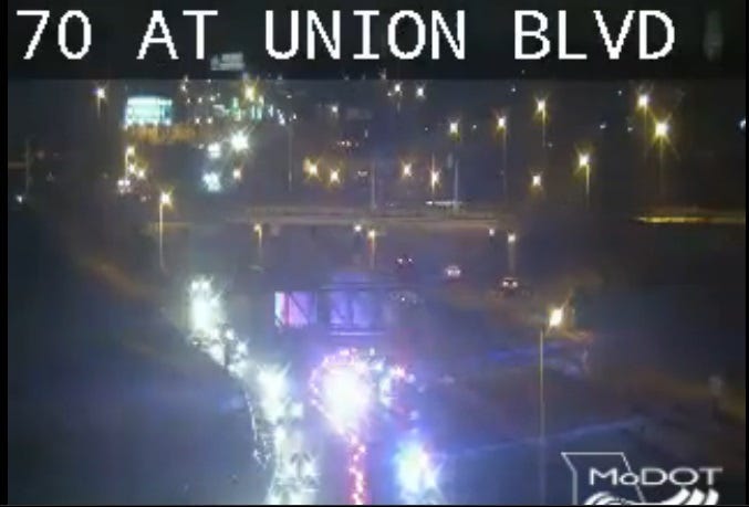 Police force cars off Interstate 70 on February 5, 2020 during a shooting investigation