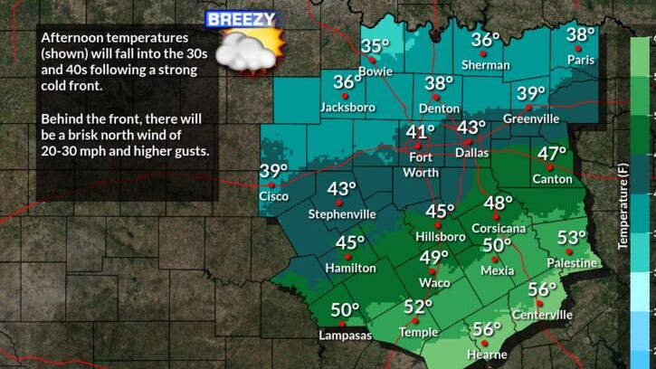 Morning rain for North Texas, it turns windy and much cooler as a cold front moves through