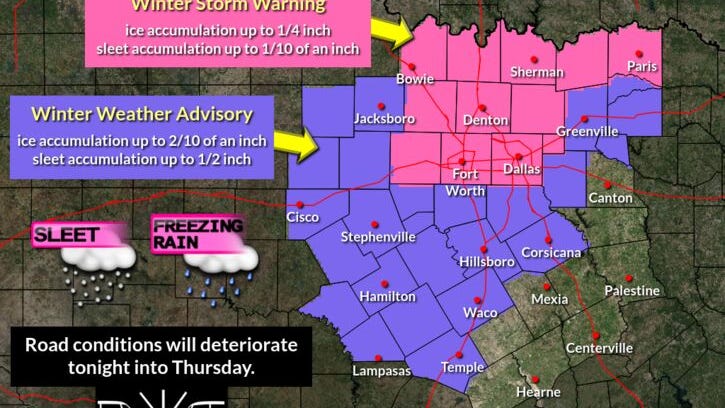 Winter Storm Warning in effect for parts of North Texas until 6 p.m. Thursday