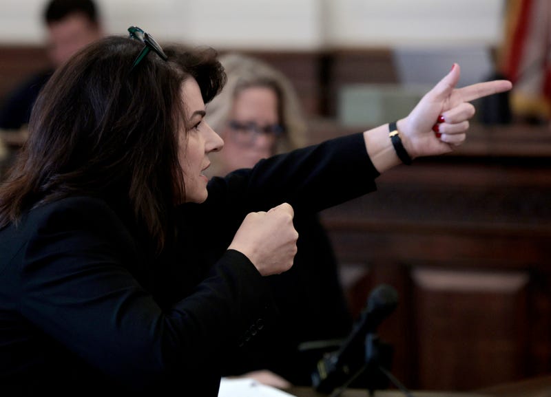 Prosecutor Tanja Engelhardt points a finger towards the jury describing the alleged actions of Thomas Kinworthy.