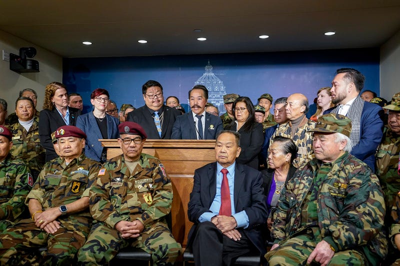Rep. Ethan Cha discusses a provision in the omnibus veterans and military affairs finance and policy bill during an April 29 news conference that would grant veteran status under state law to certain people who served with secret guerilla units or other irregular forces in Laos in Special Guerrilla Units during the Secret War in Laos. 
