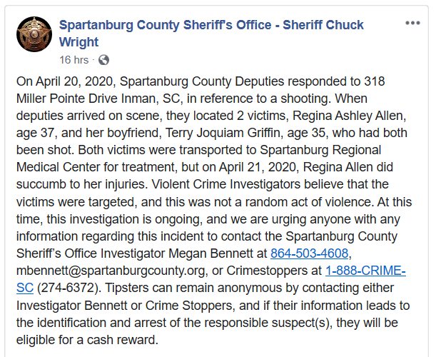 SCSO Facebook Post - Regina Ashley Allen