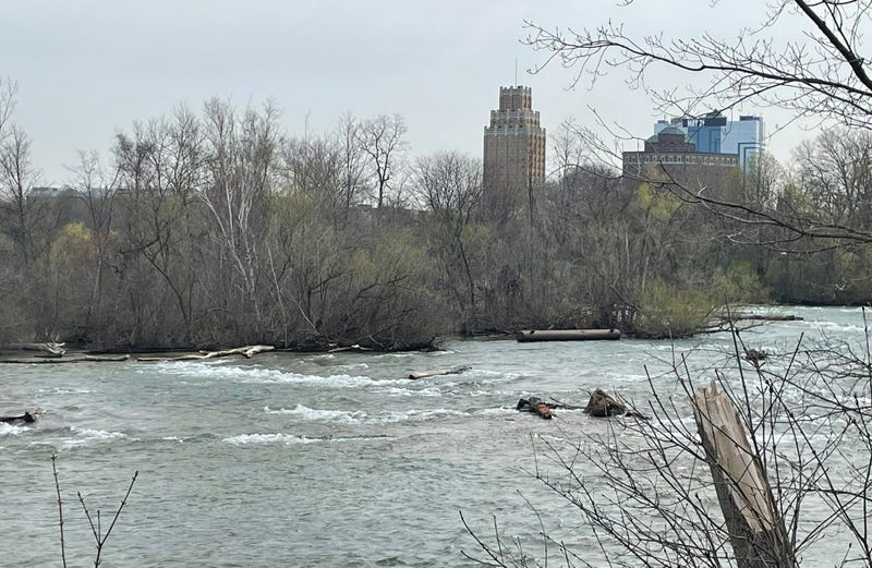 Steel pontoon in Niagara River above Bridal Veil Falls