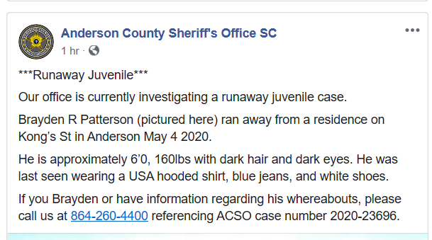 Brayden R. Patterson ACSO FB Post