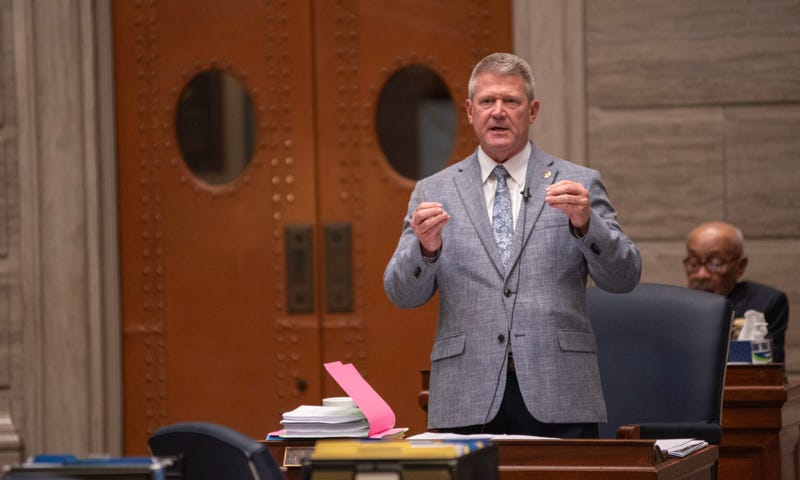 Senate Minority Leader Doug Beck speaks against a proposed constitutional amendment banning abortion during debate in the Missouri Senate on Monday evening