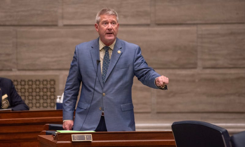 Senate Minority Leader Doug Beck speaks about negotiations on a bill that seeks to establish a constitutional amendment to ban abortion.