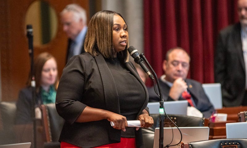 State Rep. Kimberly-Ann Collins, D-St. Louis, speaks Wednesday on the devastation her district has suffered after a tornado hit the area on May 16.