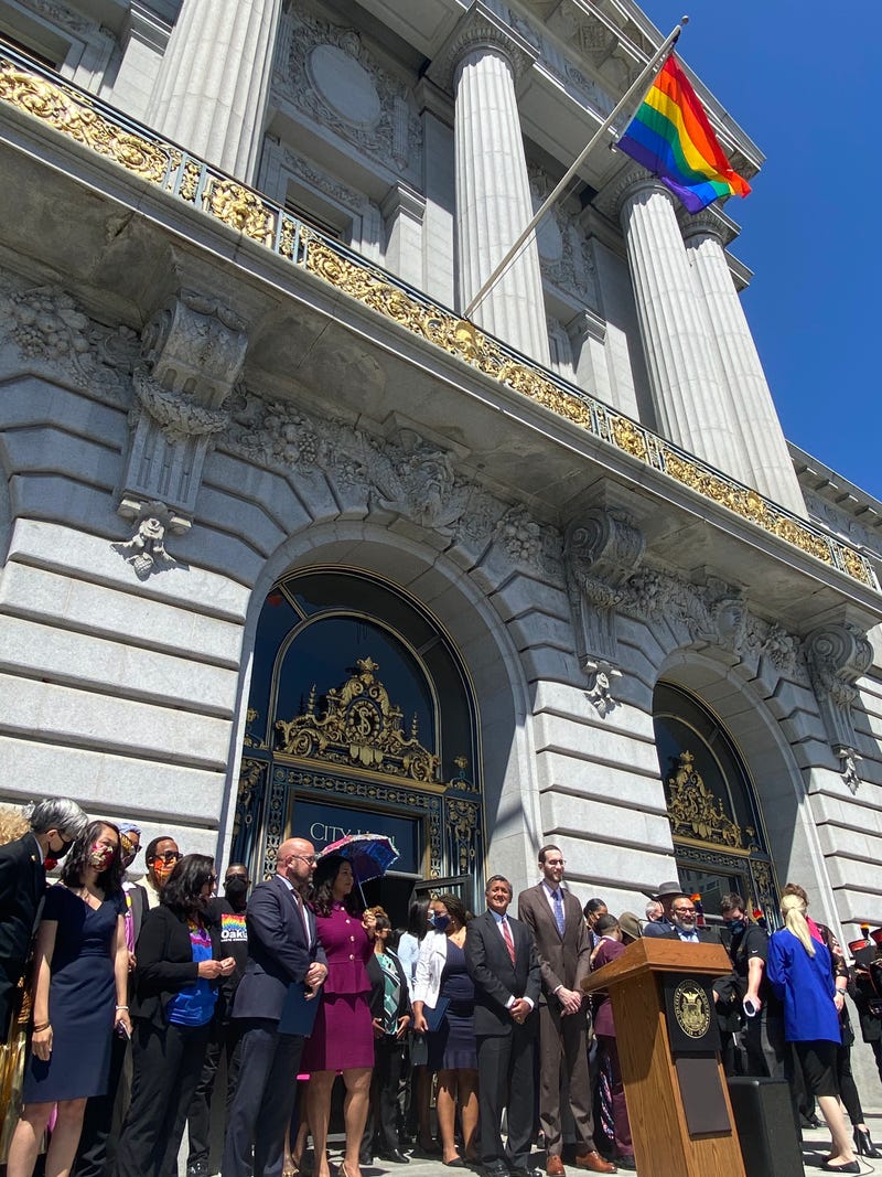 The Pride Flag flies above San Francisco City Hall to kick off Pride month, June 7, 2021.