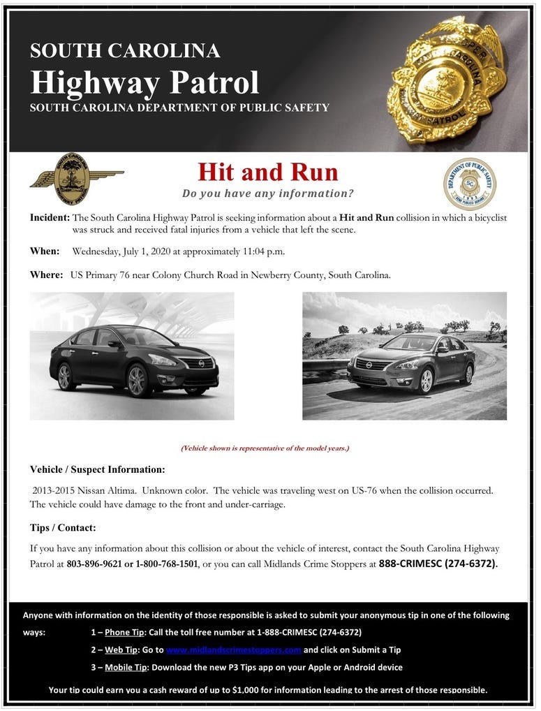 Hit and Run involving bicyclist - Newberry County