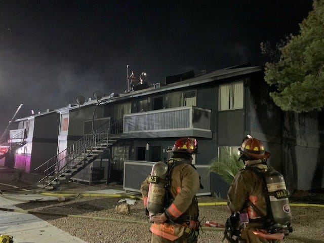 Crews battle a fire at a Las Vegas apartment complex on 7-7-21