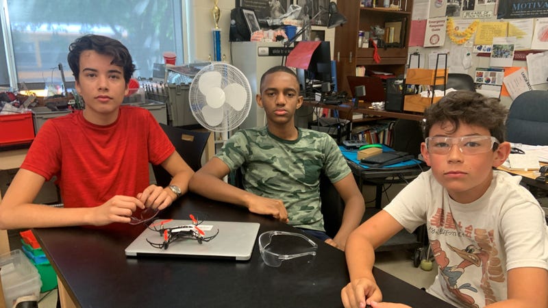 Students from the Lower Merion School District and their drone during a summer STEM camp at Lower Merion High School.