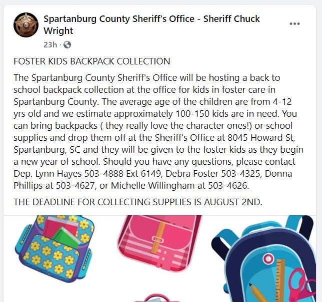SCSO collecting backpacks and school supplies through Aug. 2nd.