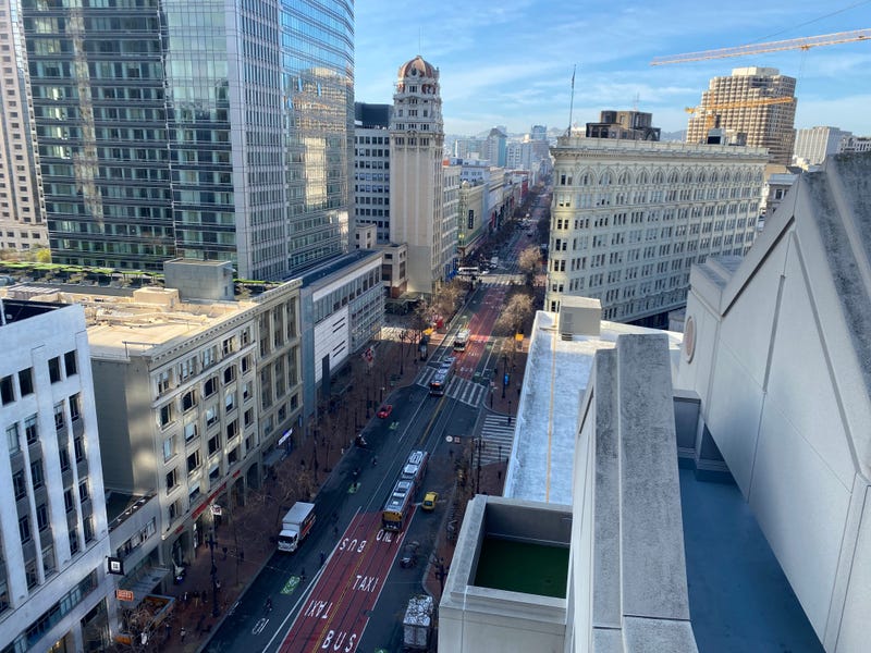 A view of Market Street on Jan. 29, 2020 as drivers adapt to the new car-free regulations.