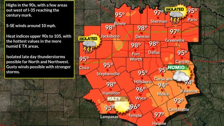 Mostly sunny and hot with possible storms this evening, best rain chances this weekend