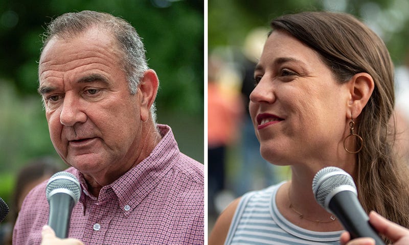 Lt. Gov. MIke Kehoe, left, and state Rep. Crystal Quade, the Republican and Democratic candidates for Missouri governor.