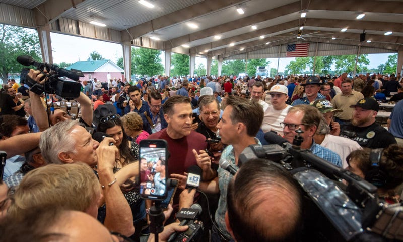 Candidates for U.S. Senate Lucas Kunce and Josh Hawley, who currently holds the seat, converge in the middle of the governor’s ham breakfast at the Missouri State Fair in Sedalia Thursday morning.