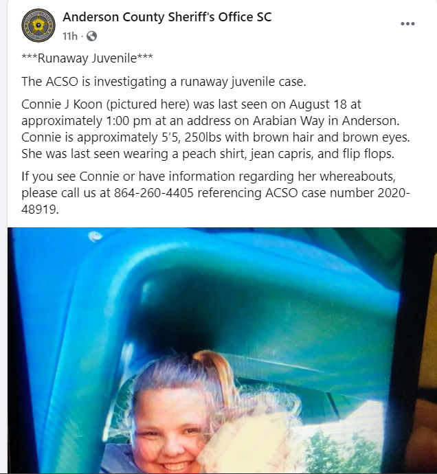 ACSO Facebook Post - Runaway Juvenile, Connie J. Koon