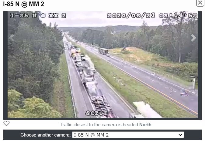 85 NB Mile Marker 2 camera shows travel still slow from an early morning wreck at MM 6