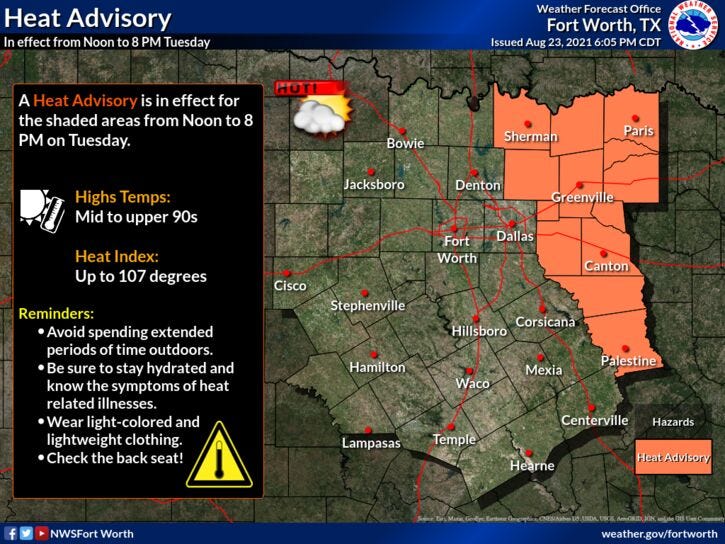 Heat Advisory for parts of north Texas.