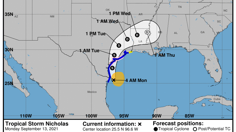 Tropical Storm Nicholas strengthening off the lower Texas coast