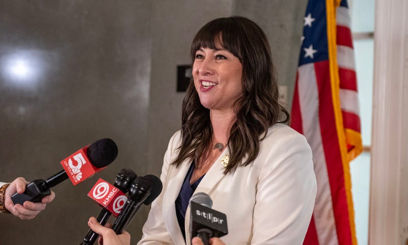 House Minority Leader Ashley Aune, a Kansas City Democrat, speaks to reporters Monday prior to the House’s session.