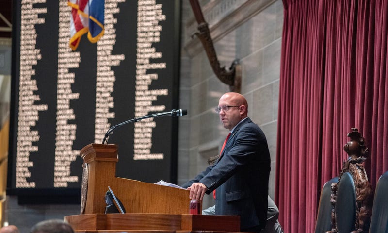 Missouri House Speaker Pro Tem Chad Perkins, R-Bowling Green, stands at the House dais Monday afternoon.