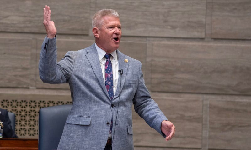 Senate Minority Leader Doug Beck, D-Affton, speaks against proposed Senate rule changes Wednesday during the special session for redistricting.