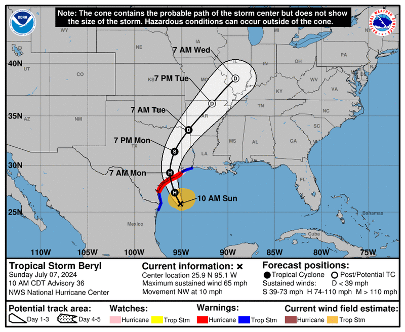 Beryl forecast track 10am Sunday