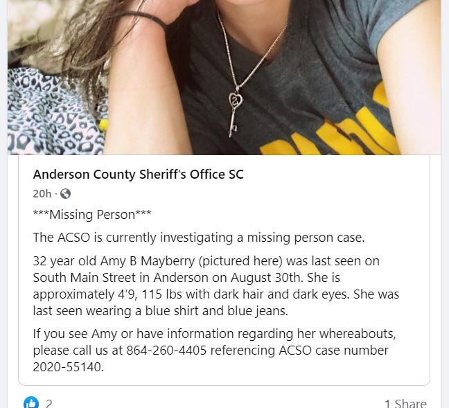 ACSO Facebook Post - Missing - Amy B. Mayberry