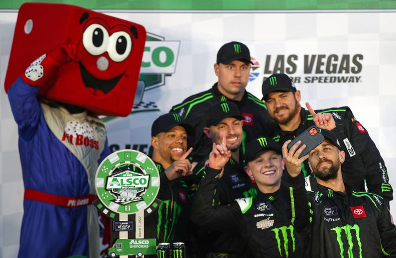 05: Ty Gibbs, driver of the #54 Monster Energy Toyota, and crew take a selfie in victory lane after winning the NASCAR Xfinity Series Alsco Uniforms 300 at Las Vegas Motor Speedway on March 05, 2022