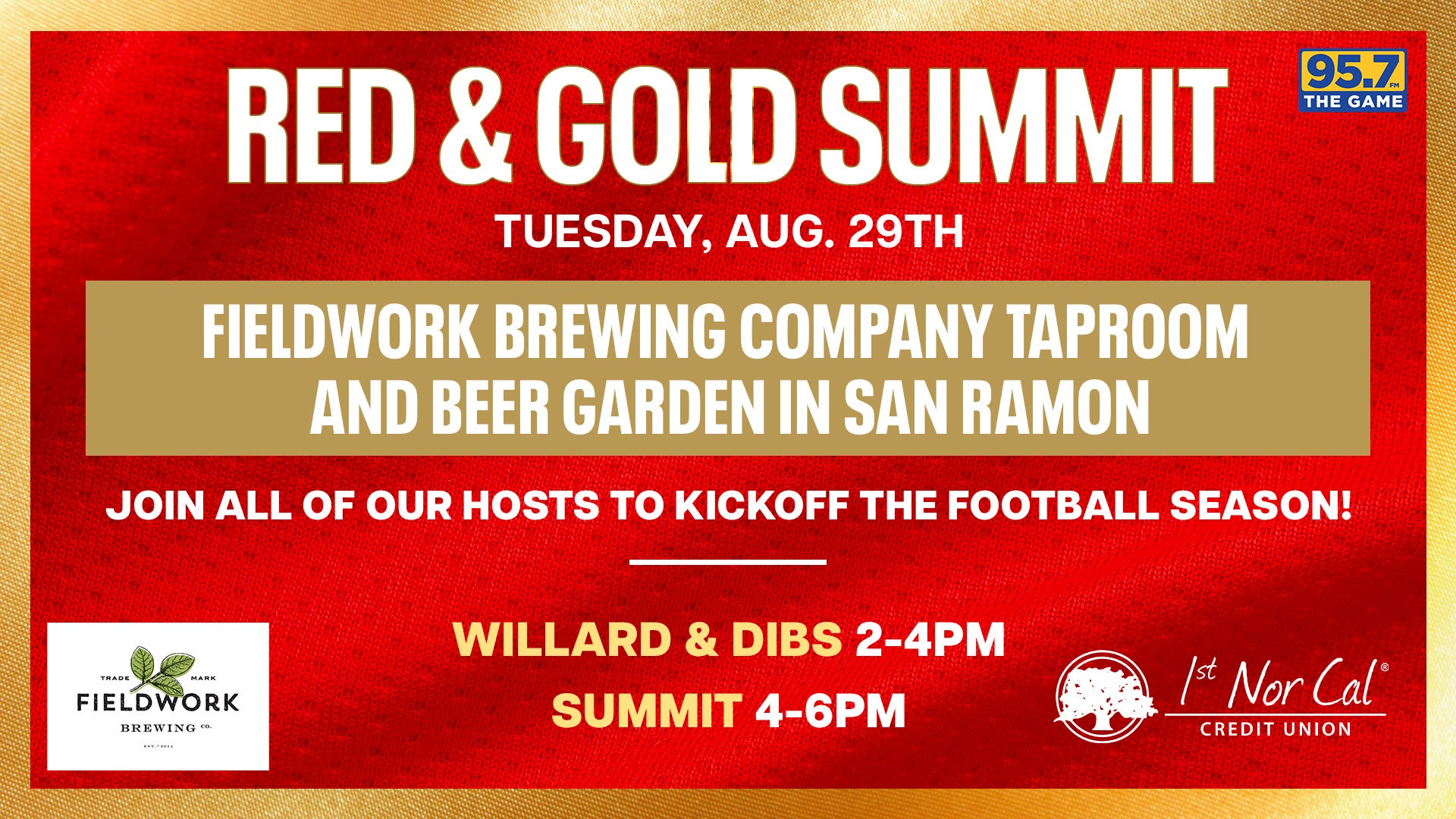 95.7 The Game's Red & Gold Summit set for Aug. 29 at Fieldwork in San Ramon
