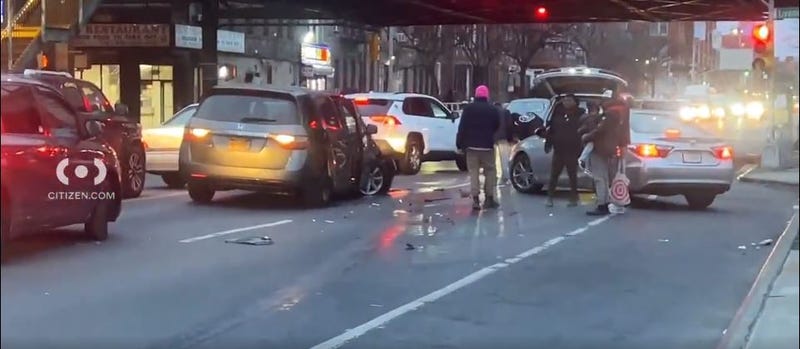 The scene of a multi-vehicle crash involving an alleged drunk driver in East New York, Brooklyn, on Feb. 27, 2024.