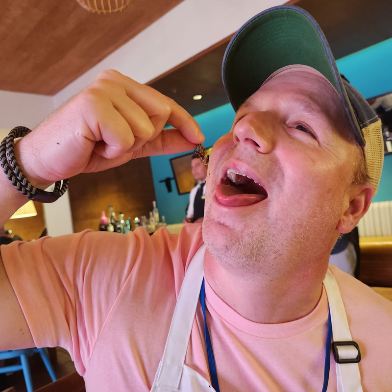 Bill eating a cricket at Dreams Natura