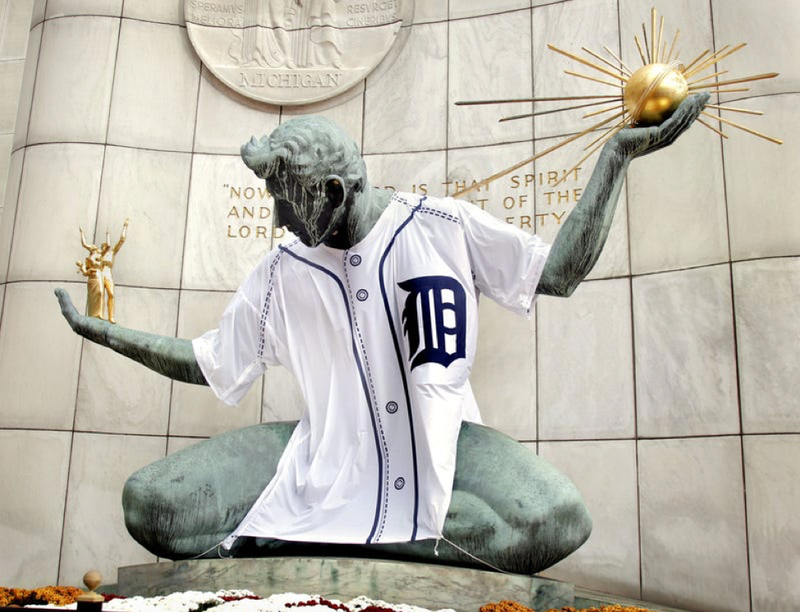 The Spirit of Detroit dons a custom Detroit Tigers jersey. 