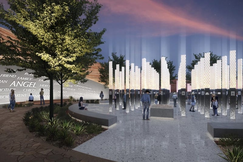 This rendering provided by Clark County, Nev., on June 2, 2023, shows one of five potential designs for a permanent memorial to be built on the Las Vegas Strip in honor of the victims, survivors and first responders of the Oct. 1, 2017, mass shooting that left 60 dead